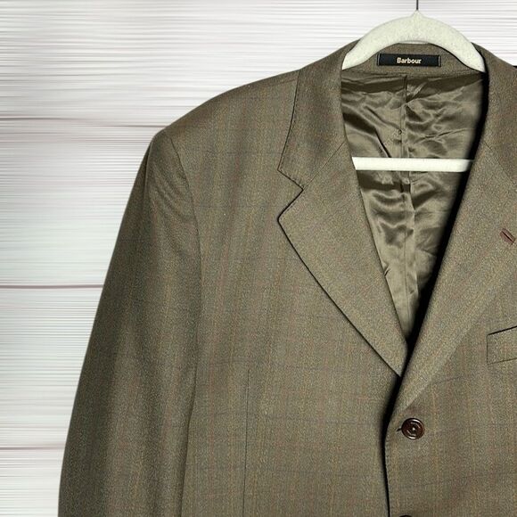 Vintage BARBOUR Wool Suit Jacket Sport Coat Blazer Olive Green Plaid size US 44L - Picture 4 of 16